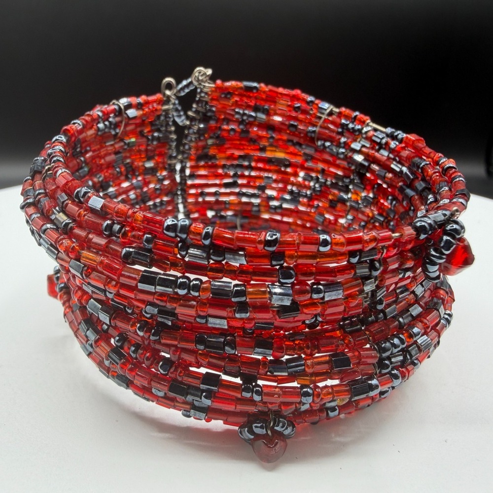 Red Black Glass Seed Bead Multi Strand Wide Cuff Bracelet Boho Gothic Festival
